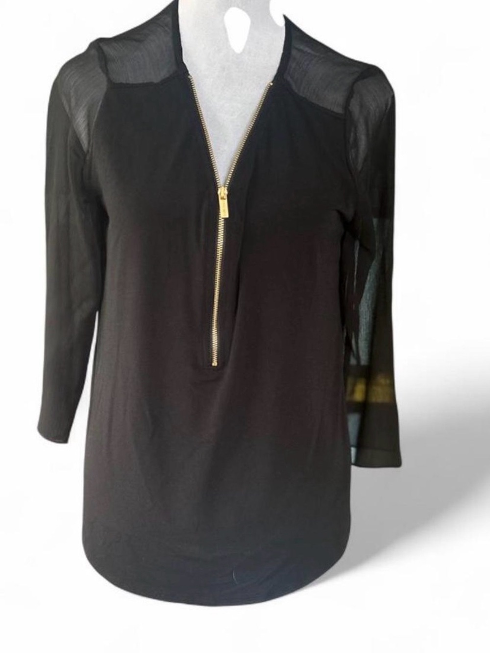 Ellen Tracy Black Top with Gold Zip and Sheer Sleeves